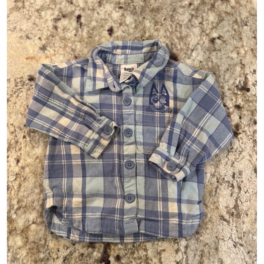 Bluey Kids Blue Plaid Flannel Button Down Shirt Long Sleeve 18M FL243448EY